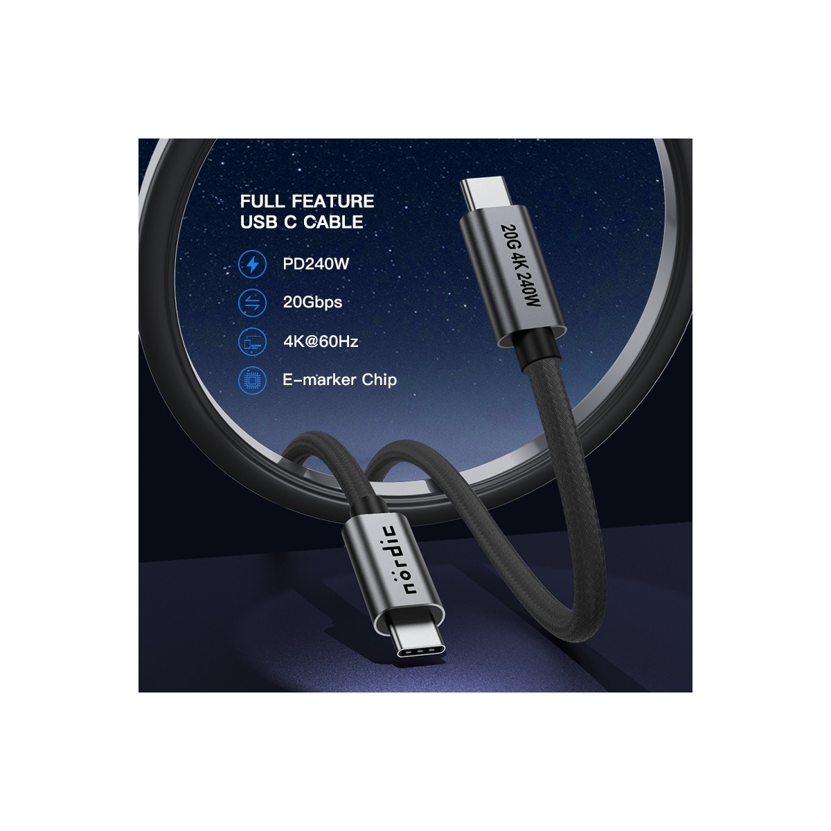 NÖRDIC 2m USB 3.2 Gen 2 USB-C til C nylonflettet kabel PD3.1 240W 20G 4K60Hz grå