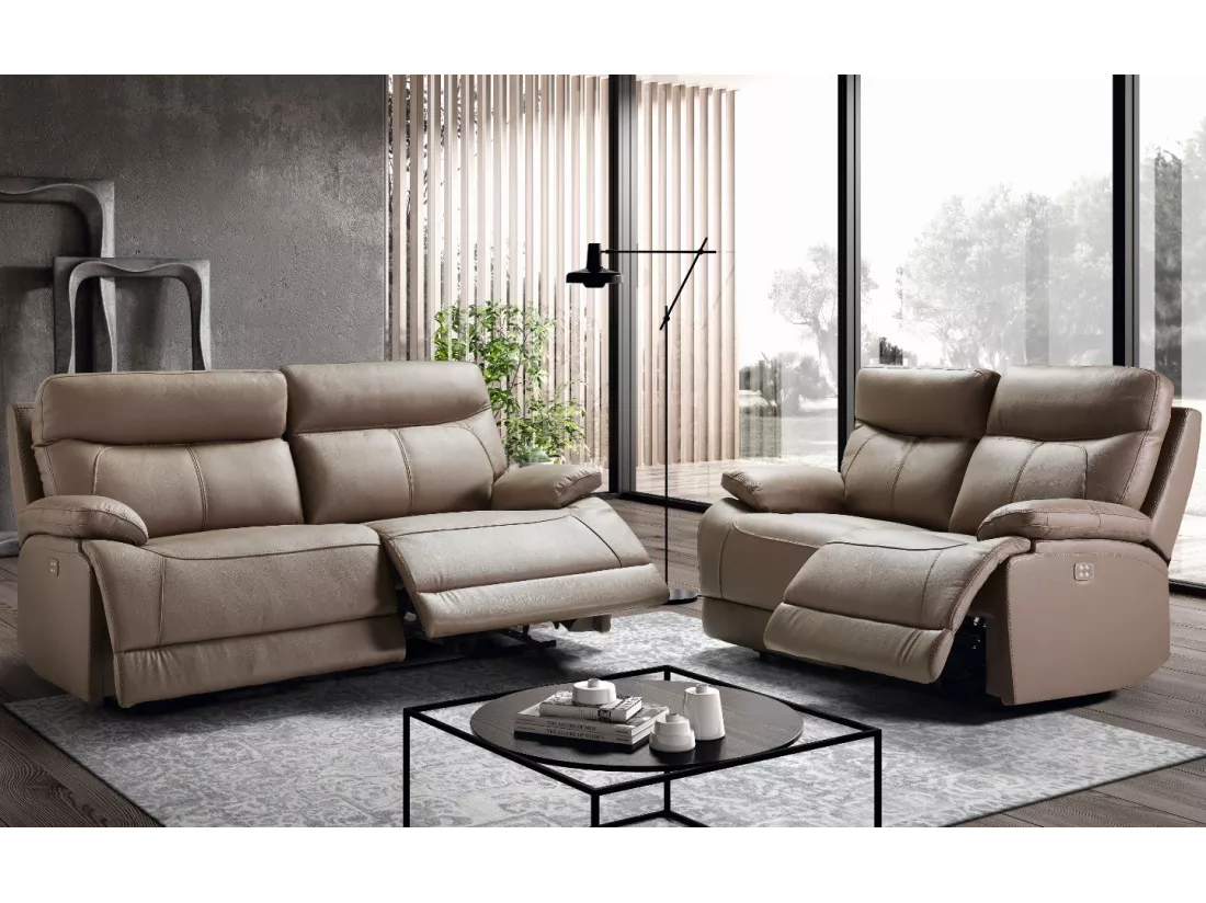 Ensemble canapé de relaxation 3 places électrique 2 places fixe cuir beige Ducka
