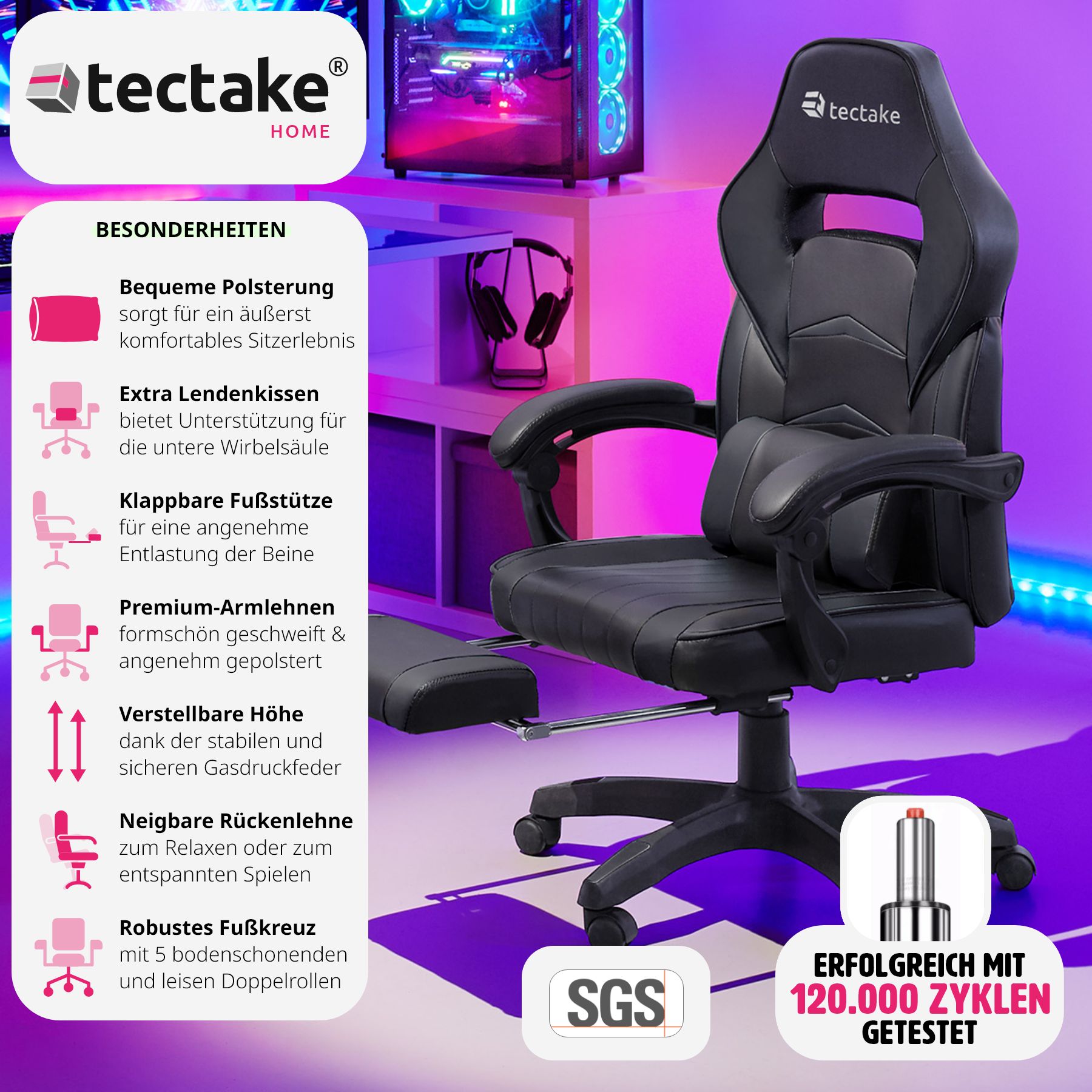 tectake® Racing Bürostuhl, ergonomische Form, mit Fußstütze und verstellbarer Rückenlehne, Kunstlederbezug, inklusive abnehmbarem Lendenkissen, inklusive Lendenkissen, Belastbarkeit 120 kg