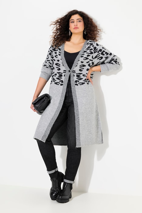 Long-Strickjacke, Leomuster, V-Ausschnitt, Langarm