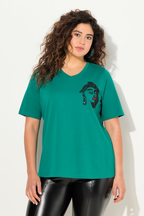 T-Shirt, Stickerei, Classic, V-Ausschnitt, Halbarm