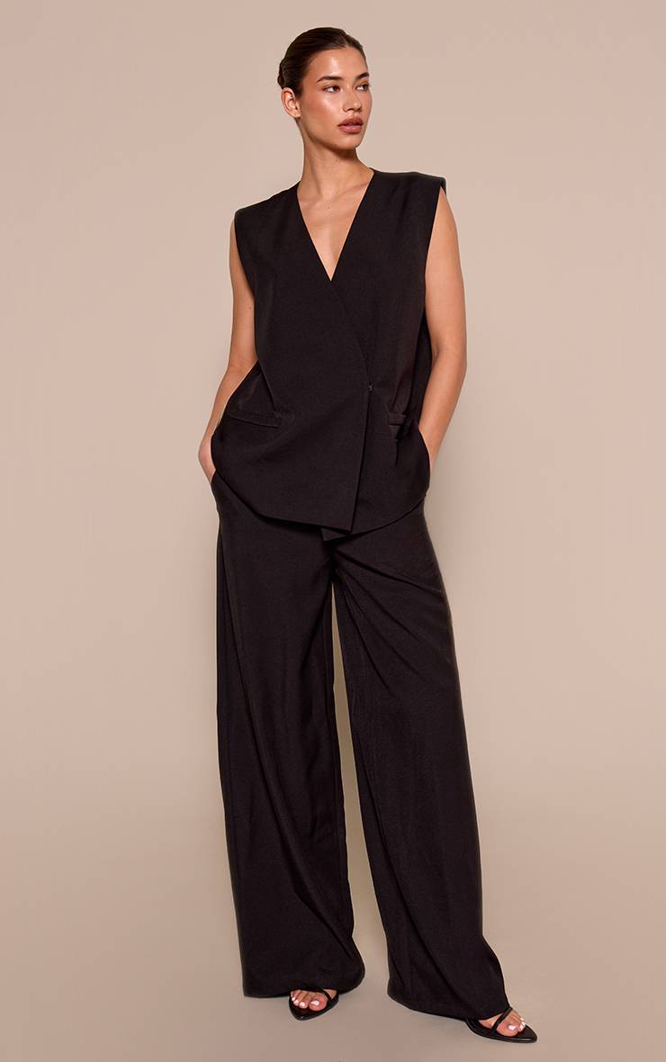 Noir Pantalon Large Taille Mi-haute Plissé En Tissu Tissé Ensemble Coordonné