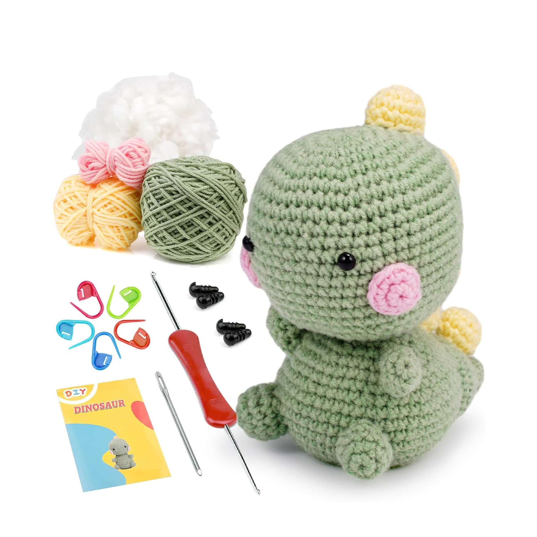 (11-tlg. Set) Häkel Handwerk Starter Kit DIY Mercerie Bastelkunst inkl. Wolle / Häkelnadel - Dinosaurier