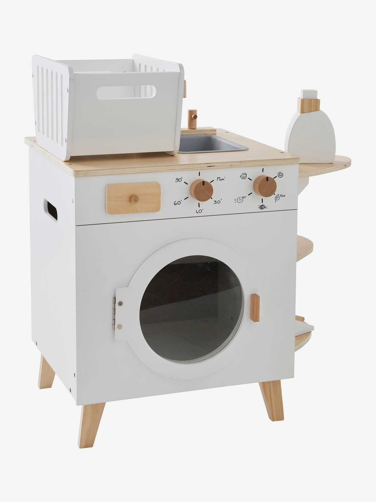 Máquina de lavar roupa e ferro de passar roupa de madeira branca