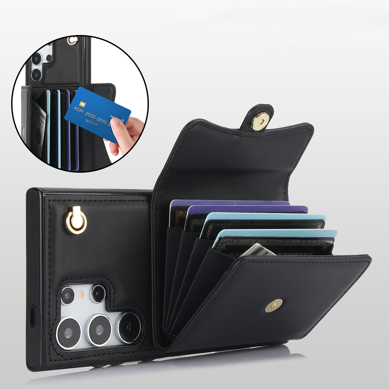 Samsung Galaxy S24 Ultra Necklace Leder Schutz Hülle mit Kartenfach   Handykette (140cm) - Schwarz
