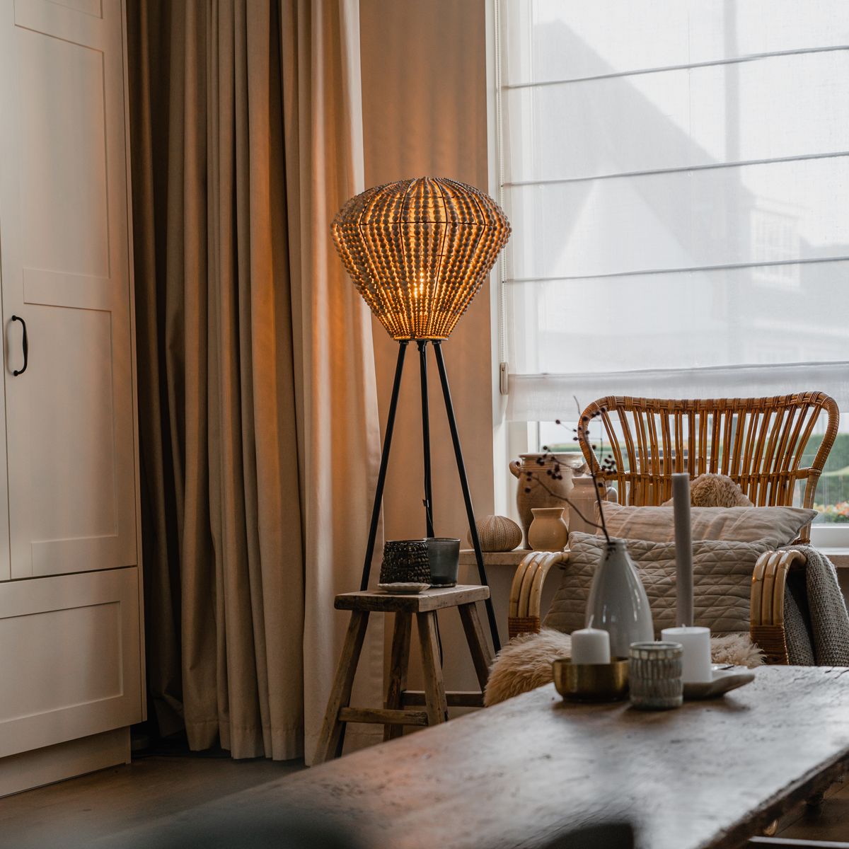 Oosterse vloerlamp beige met kralen - Moti