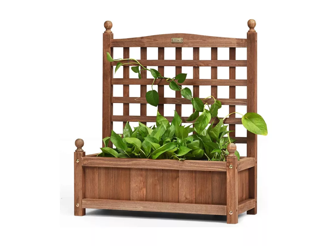 Jardinière avec Treillis en Bois 64,5 x 28 x 75 cm Bac à Fleurs Rectangulaire avec Trous de Drainage pour Jardin Terrasse