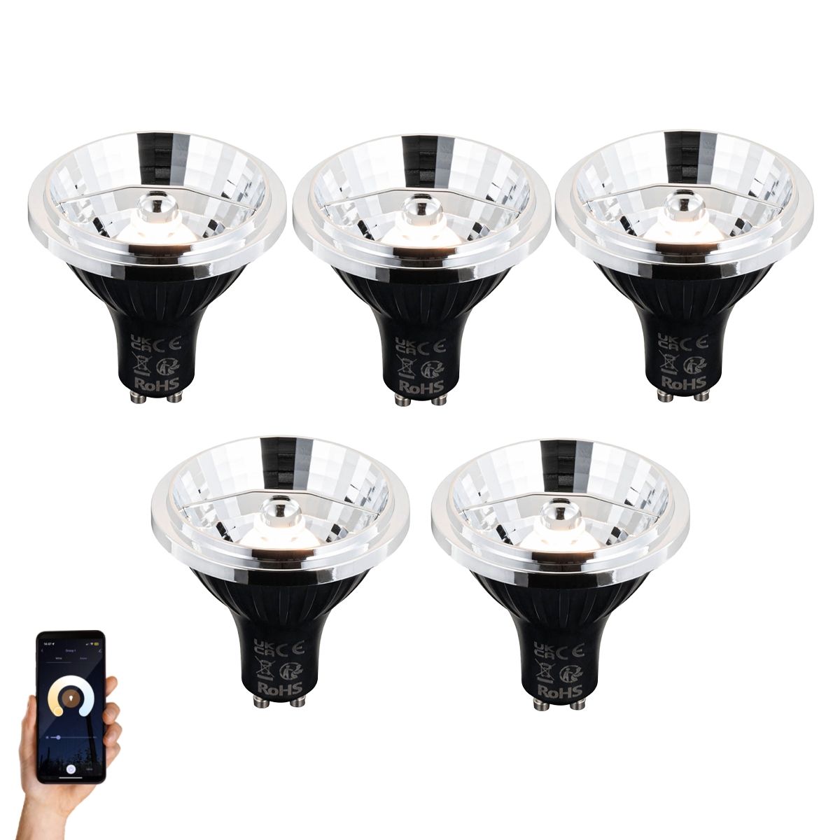 Set van 5 Smart GU10 dimbare LED lamp AR70 6W 500 lm 2200 - 6500K