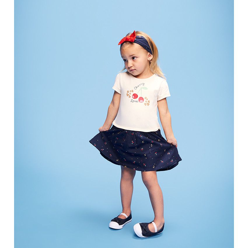 Robe bi-matière effet 2 en 1 motif cerises pour bébé fille - Ecru