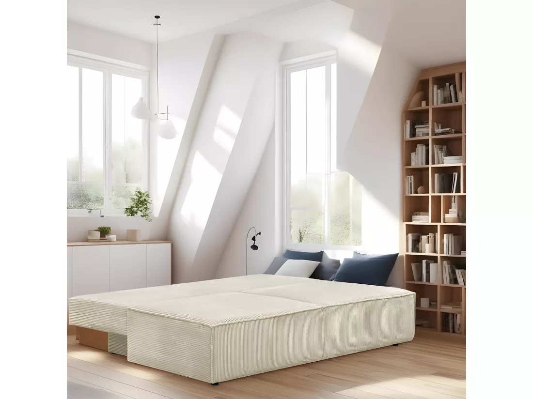 Canapé convertible 3 places avec coffre de rangement en velours côtelé beige - Milla