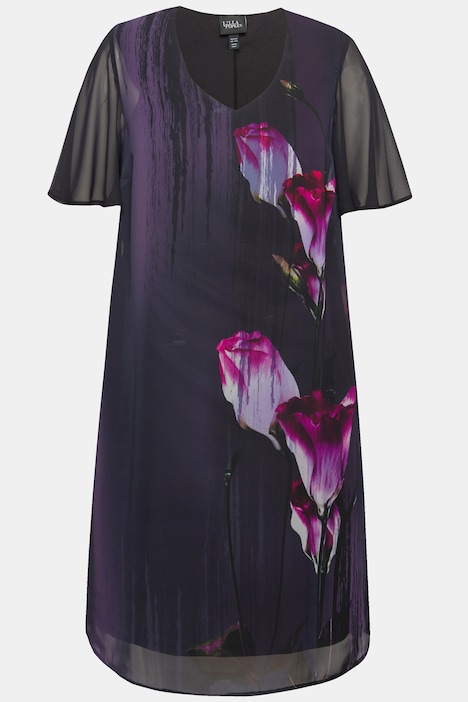 Kleid, Blüten, A-Linie, V-Ausschnitt, Cup-Halbarm