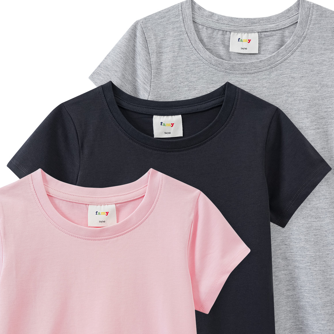 Famy 3 Mädchen T-Shirts im Basic-Look dunkelgrau / hellgrau / hellrosa