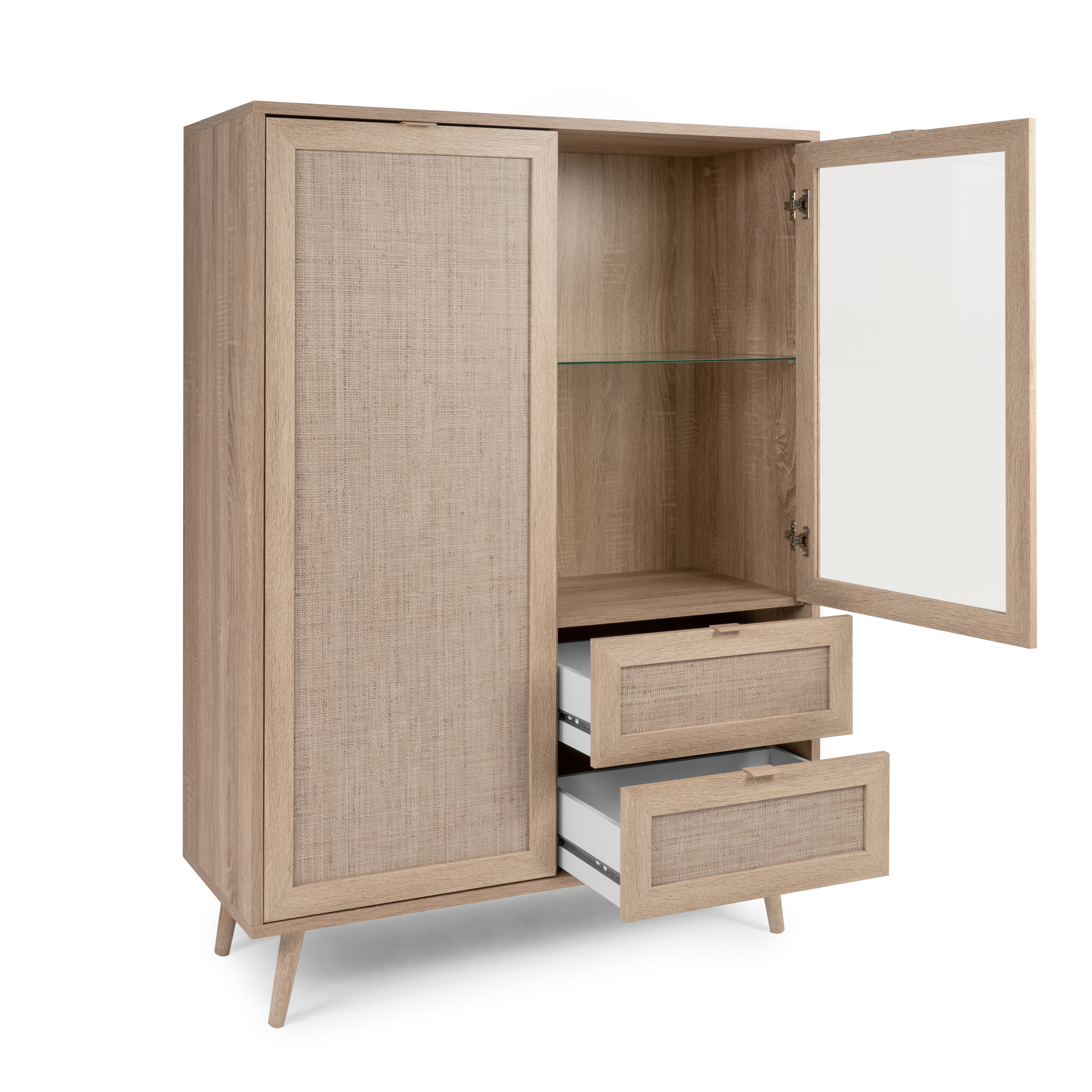 Highboardvitrine BALI - Sonoma Eiche-Rafia geflecht - 101 cm breit