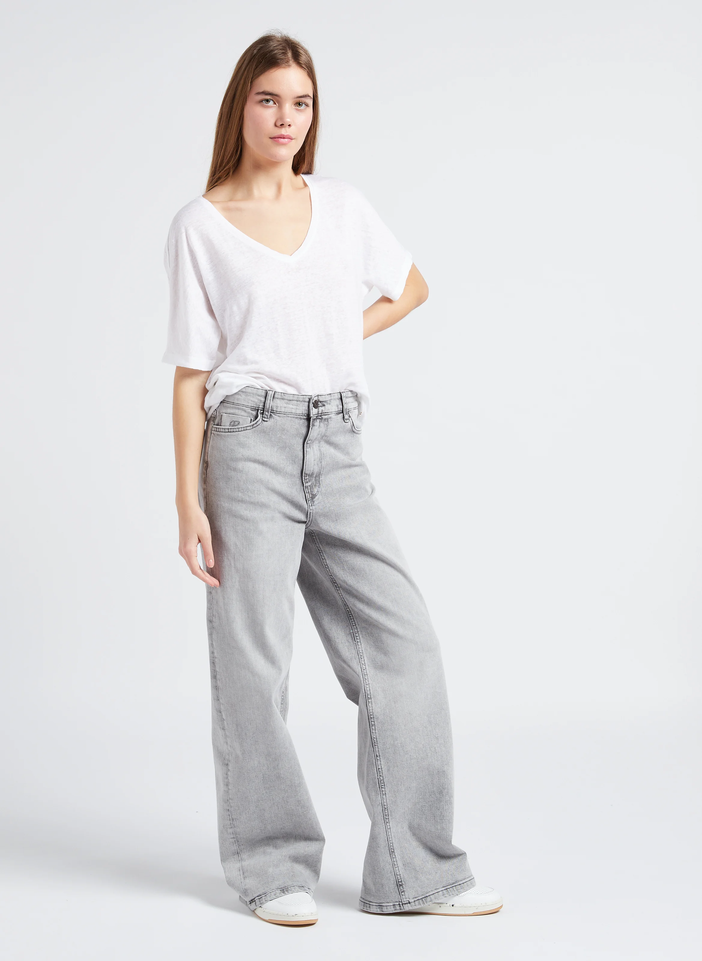 LINA - Jean ample taille haute en coton mélangé | Gris