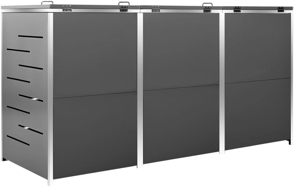 DELUKE 3er Mülltonnenbox JAGU Edelstahl | Anthrazit | 115x207x77,5cm | Mülltonnenverkleidung für 3 Tonnen 240L Müllbox aus Metall Mülltonnenschutz Mülltonnendach