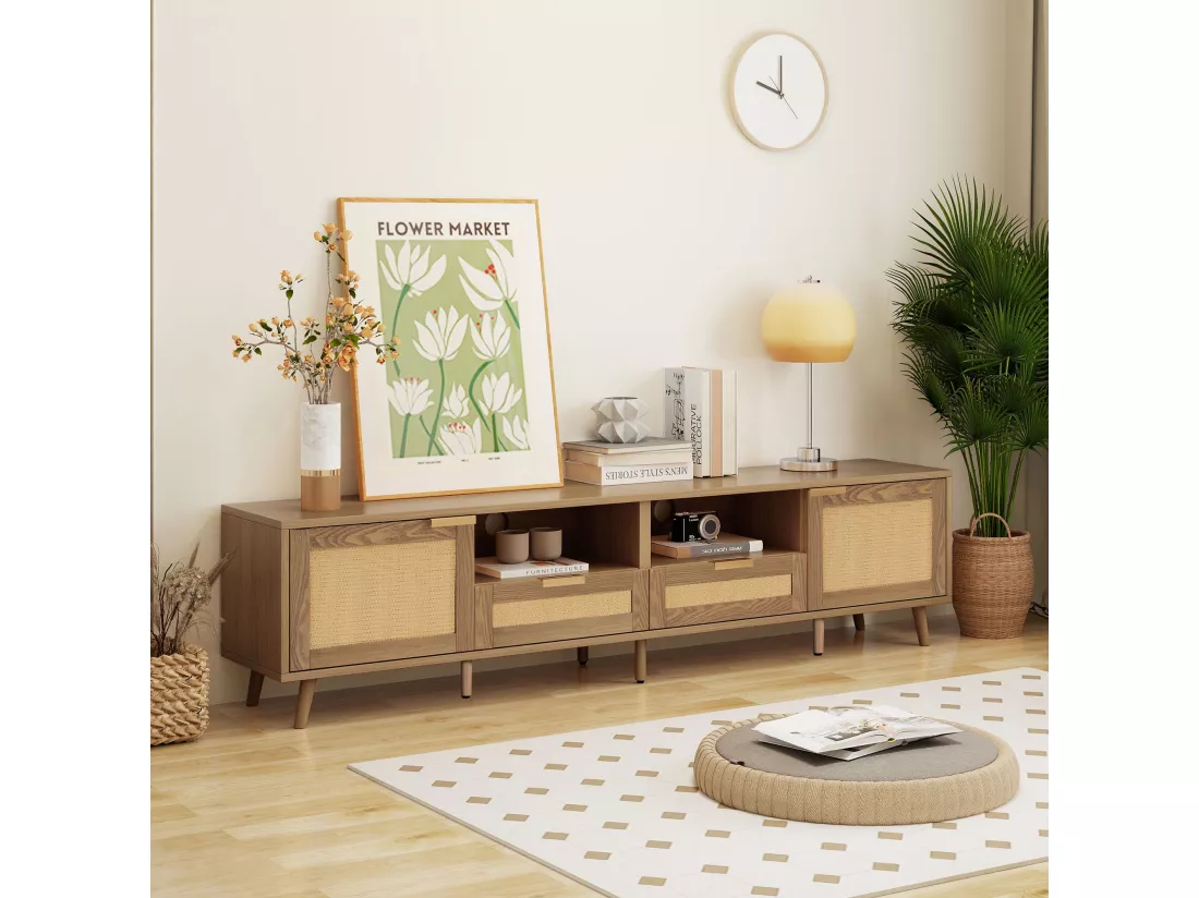 Meuble TV en rotin tressé pieds en bois massif 200*37*49cm TORQEOLS