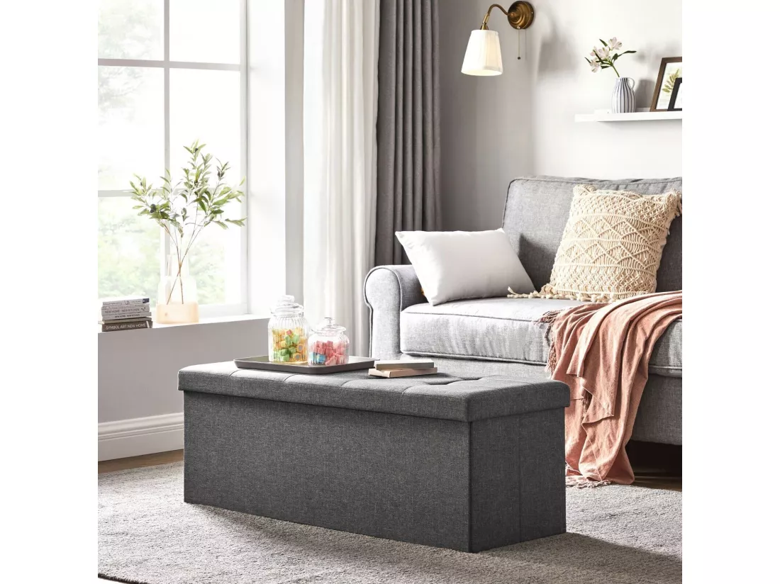 Banc Tabouret Boîte de Rangement Polyester Commode Pliable - 110x38x38cm - Gris foncé