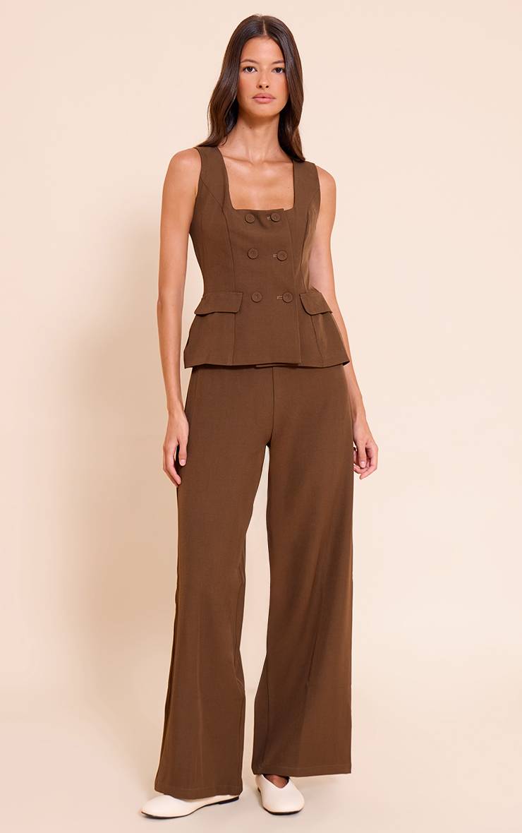 Chocolat Combinaison Pantalon Large En Tissu Tissé Chocolat Avec Détails Boutons