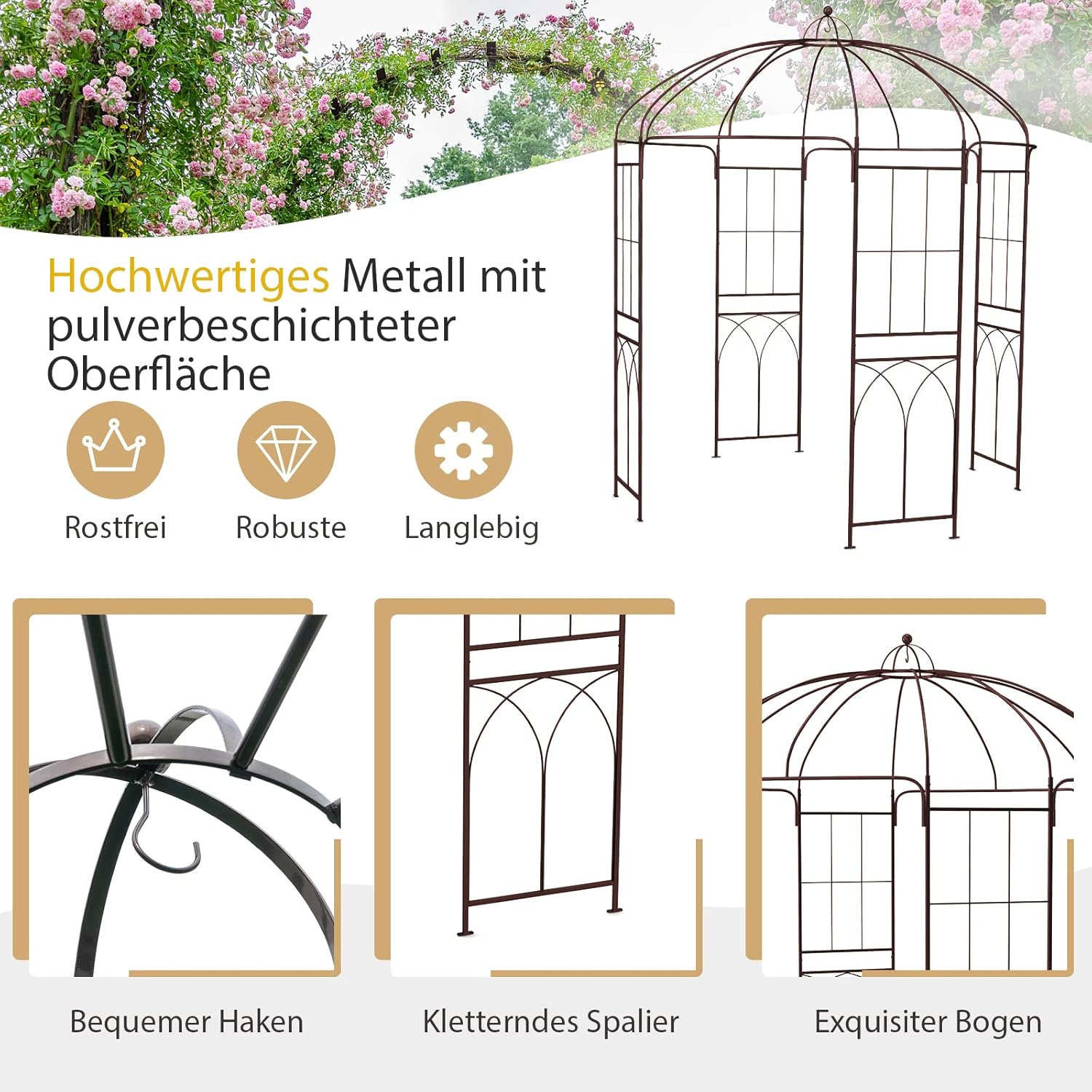 COSTWAY Rosenbogen, Metall Torbogen Rankhilfe Rankgitter Rankbogen Gartenbogen, Rosenpavillon für Kletterpflanzen, Hochzeit, 211 x 211 x 256 cm