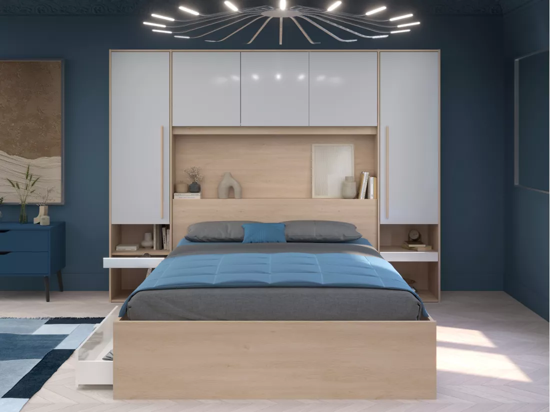Lit pont 160 x 200 cm avec rangements - avec LEDs - Coloris : Naturel et blanc brillant + Sommier + Matelas - VELONA
