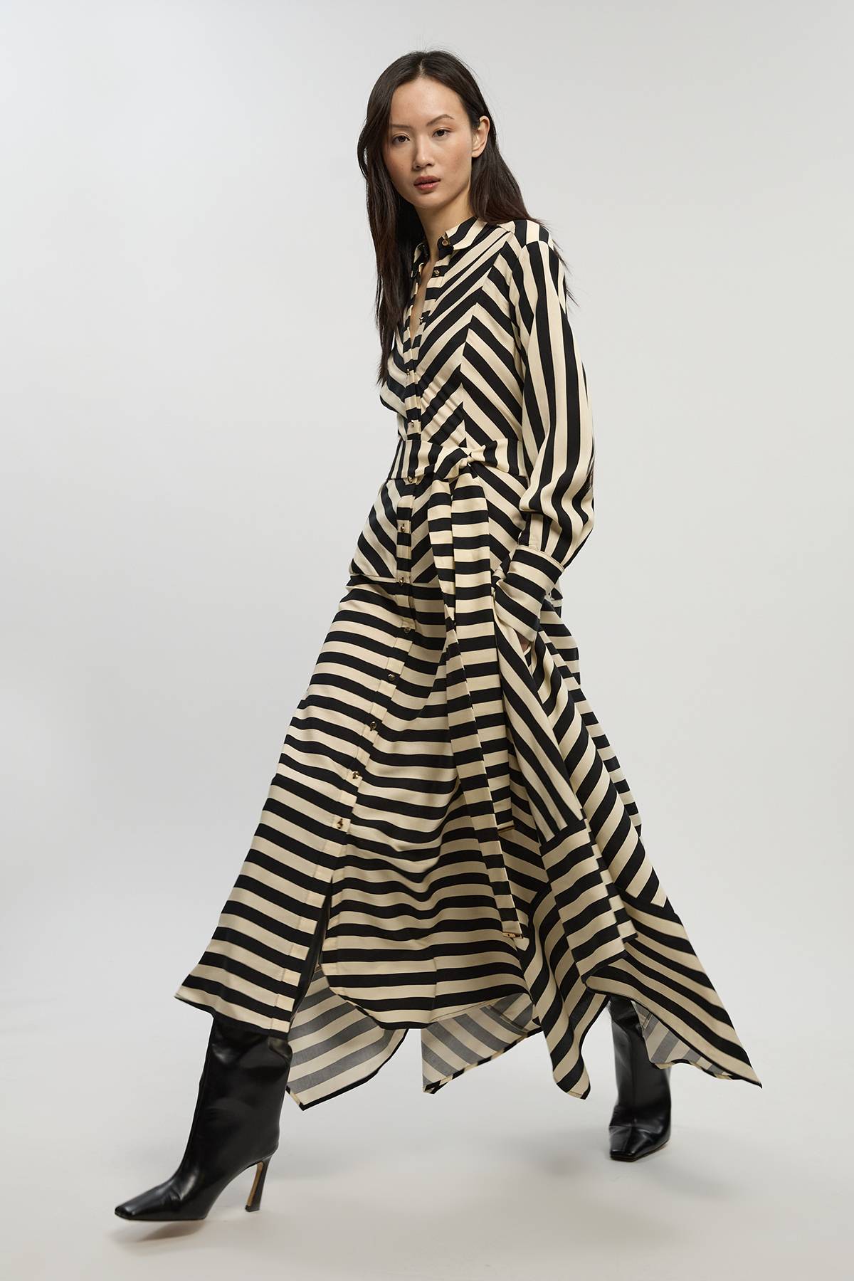 KarenMillen Robe Chemise Tissée Rayée Fluide en Mélange de Coton Mono