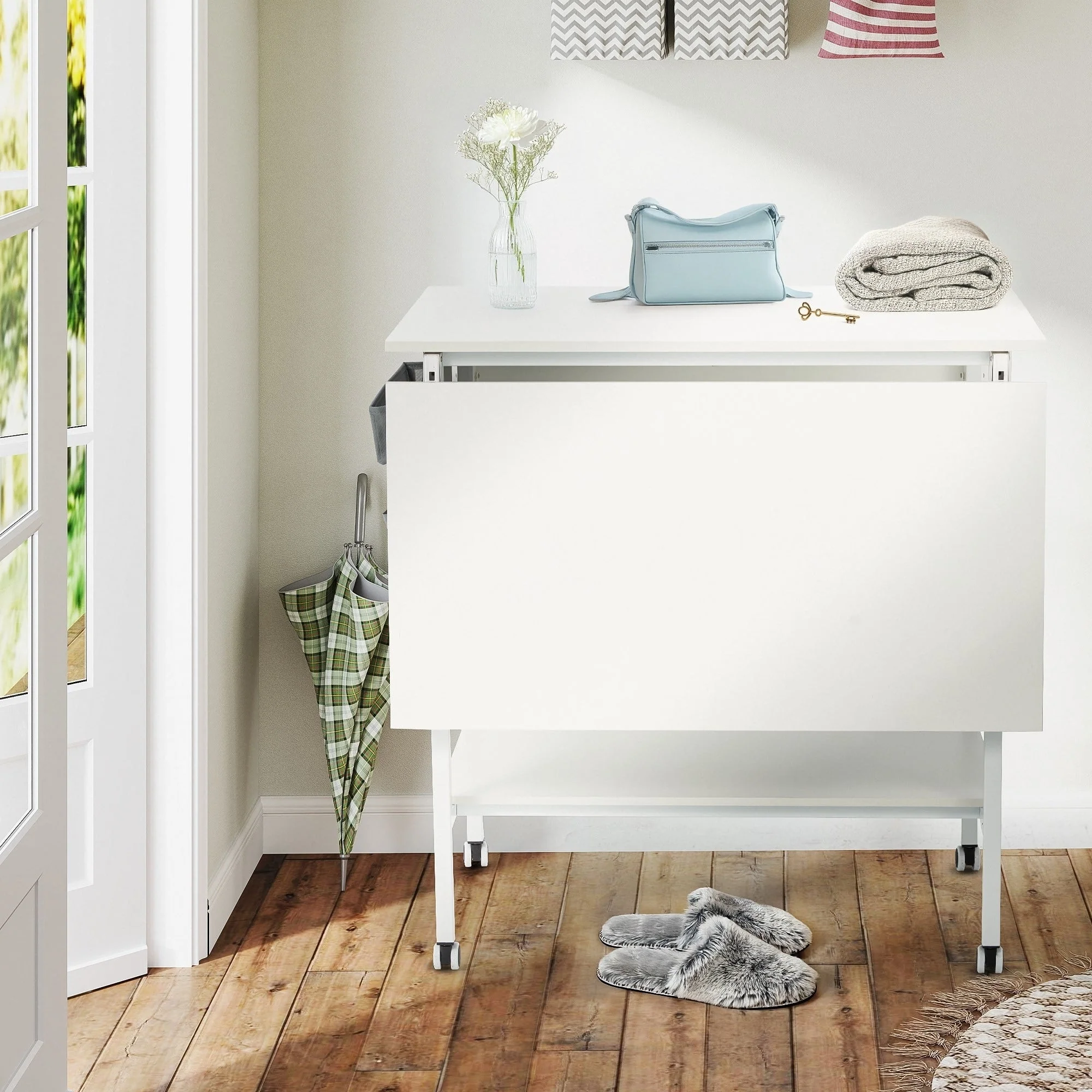 Height Adjustable Craft Table with Storage Shelves, Mobile Folding Cutting Table for Home Office Sewing Room Craft Room