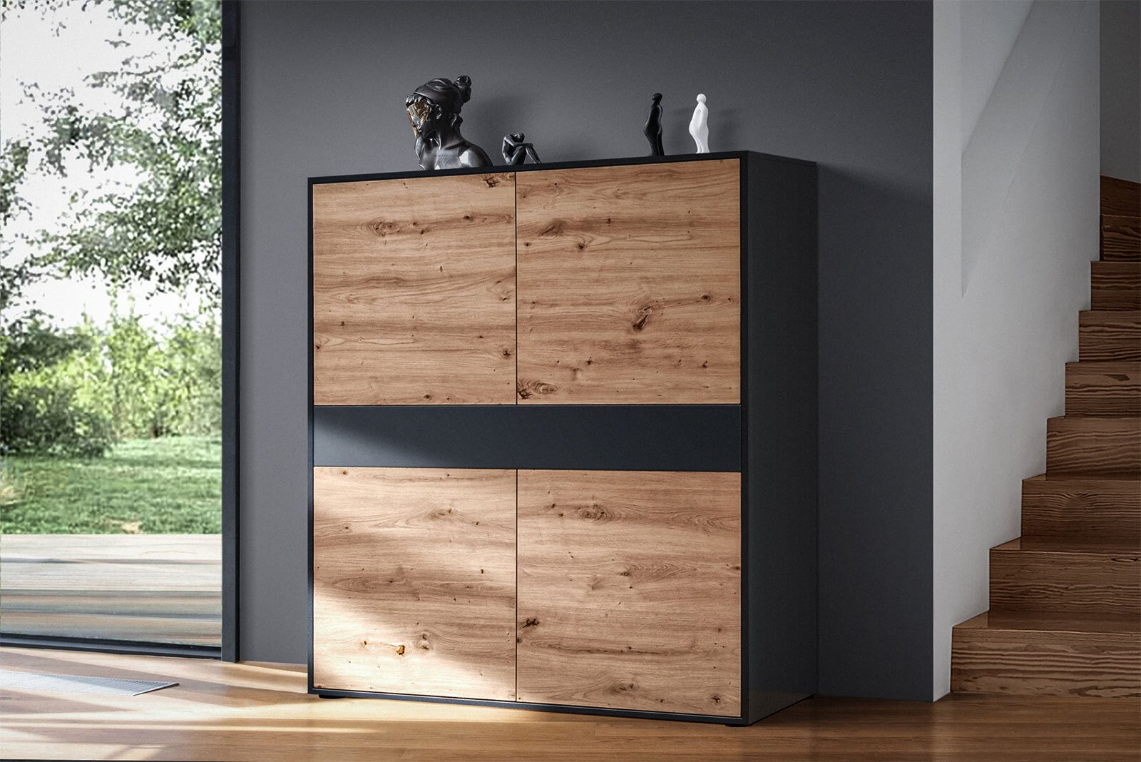 Highboard JOHN 120 x 120 cm Schwarz/ Eiche Artisan Oak