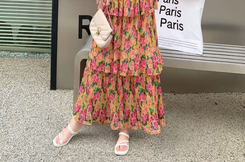 Yolandus - Maxi-A-lijnjurk met korte mouwen, vierkante hals en bloemenprint