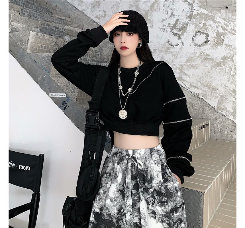 Kenning - Ronde hals effen cropped sweatshirt met meerdere ritsen