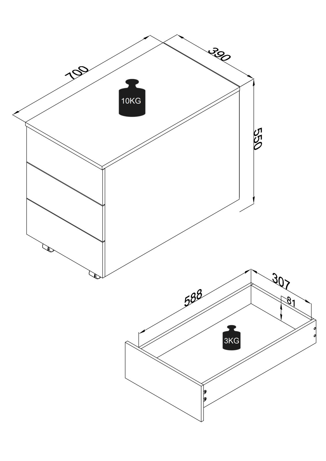 Rollcontainer DALOSA - anthrazit - 3 Schubladen - 39x70 cm