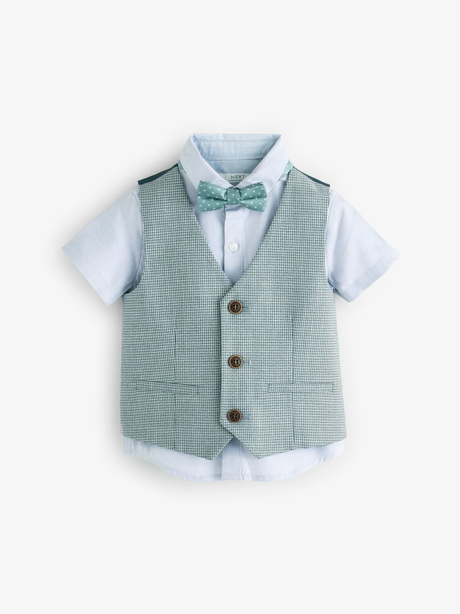 Sage Green Puppytooth - Set van gilet, hemd en vlinderdas (3mnd -9jr)