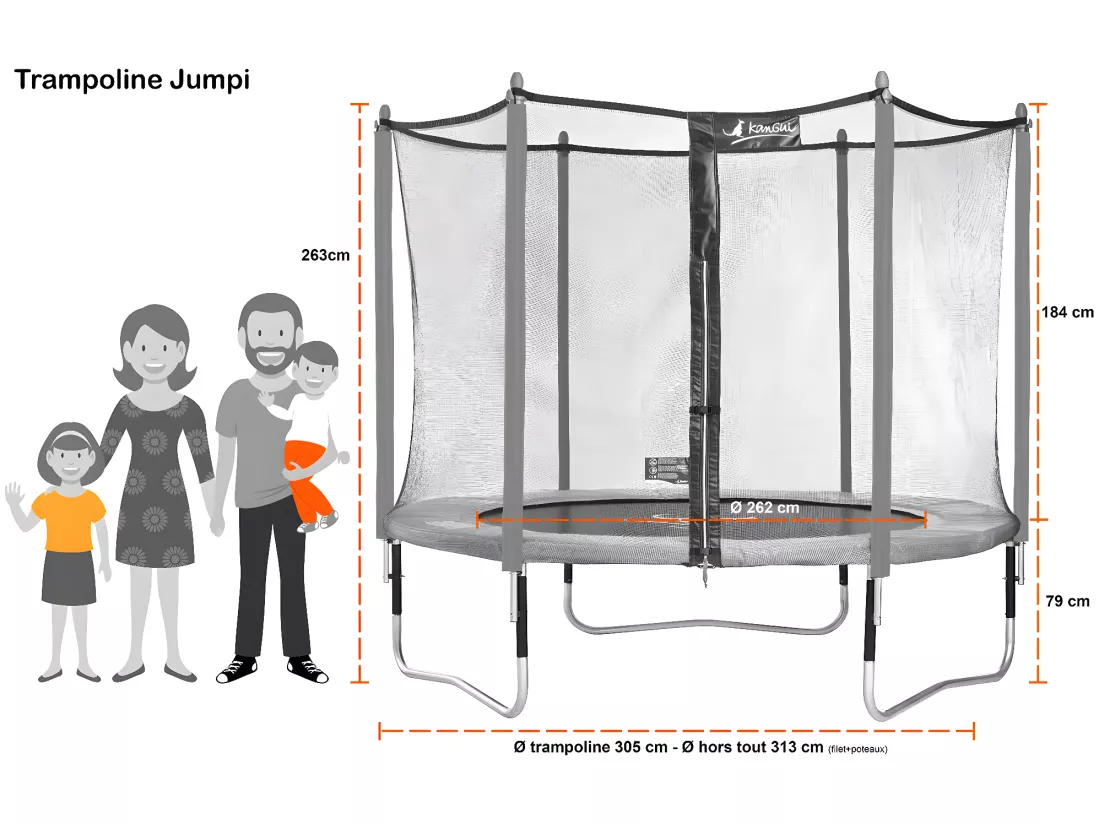 Kangui - Trampoline de jardin 305 cm + filet de sécurité + échelle + bâche de protection JUMPI Taupe/Vert 300.