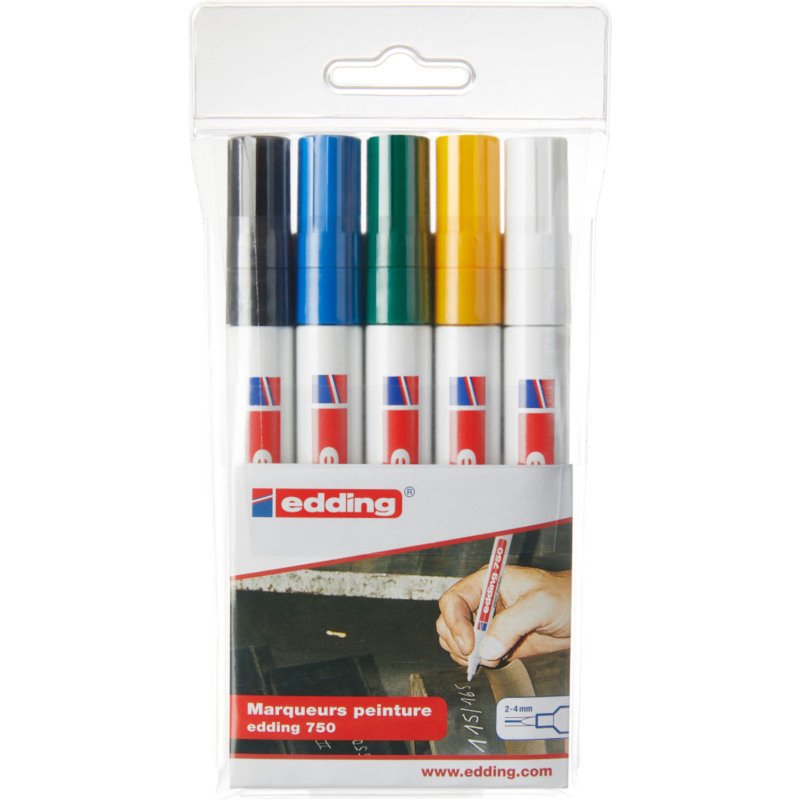 Marqueur permanent Edding 750 pointe ogive de 2 à 4 mm - Pochette de 5 couleurs assorties