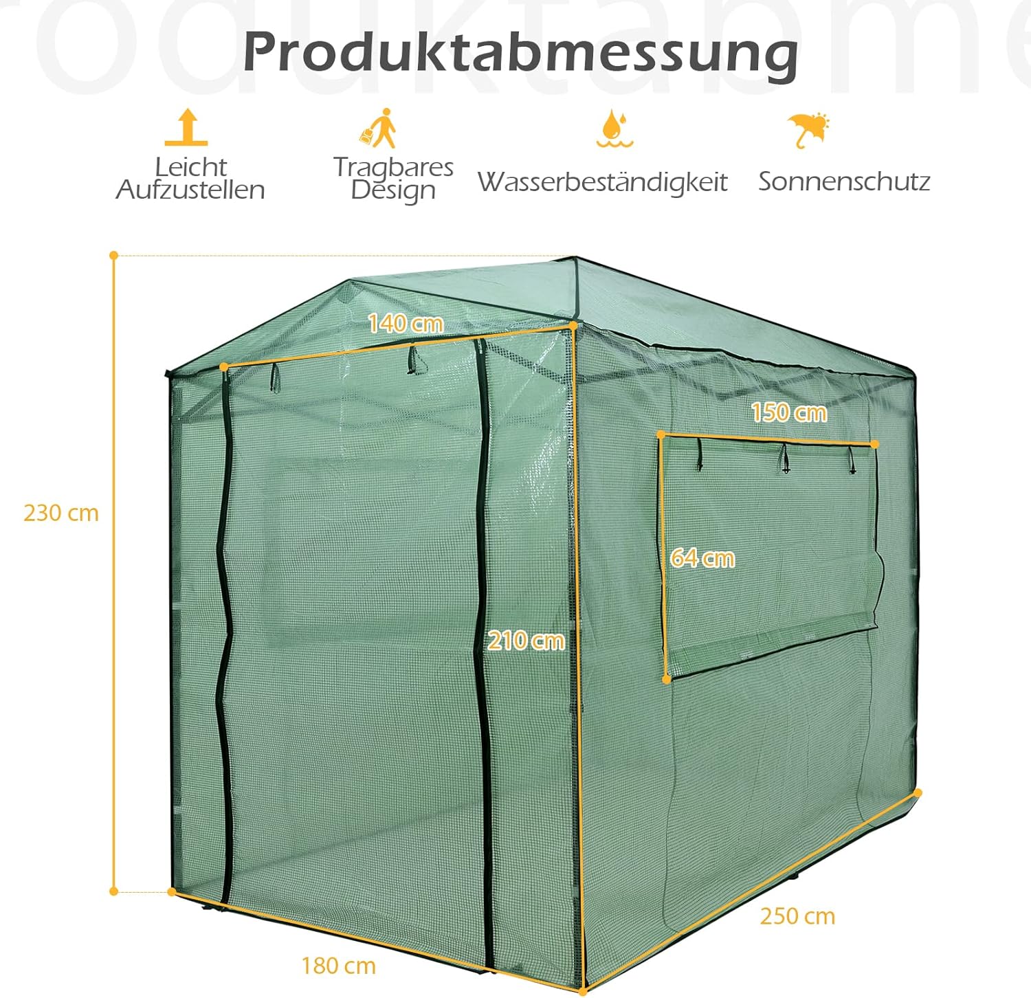 COSTWAY Gewächshaus Foliengewächshaus, 180x250x230cm, Treibhaus mit aufrollbaren Tür & 2 Fenstern, Tomatenhaus mit PE Gitterfolie, Pflanzenhaus Tomaten, Folienhaus Folienzelt, Grün