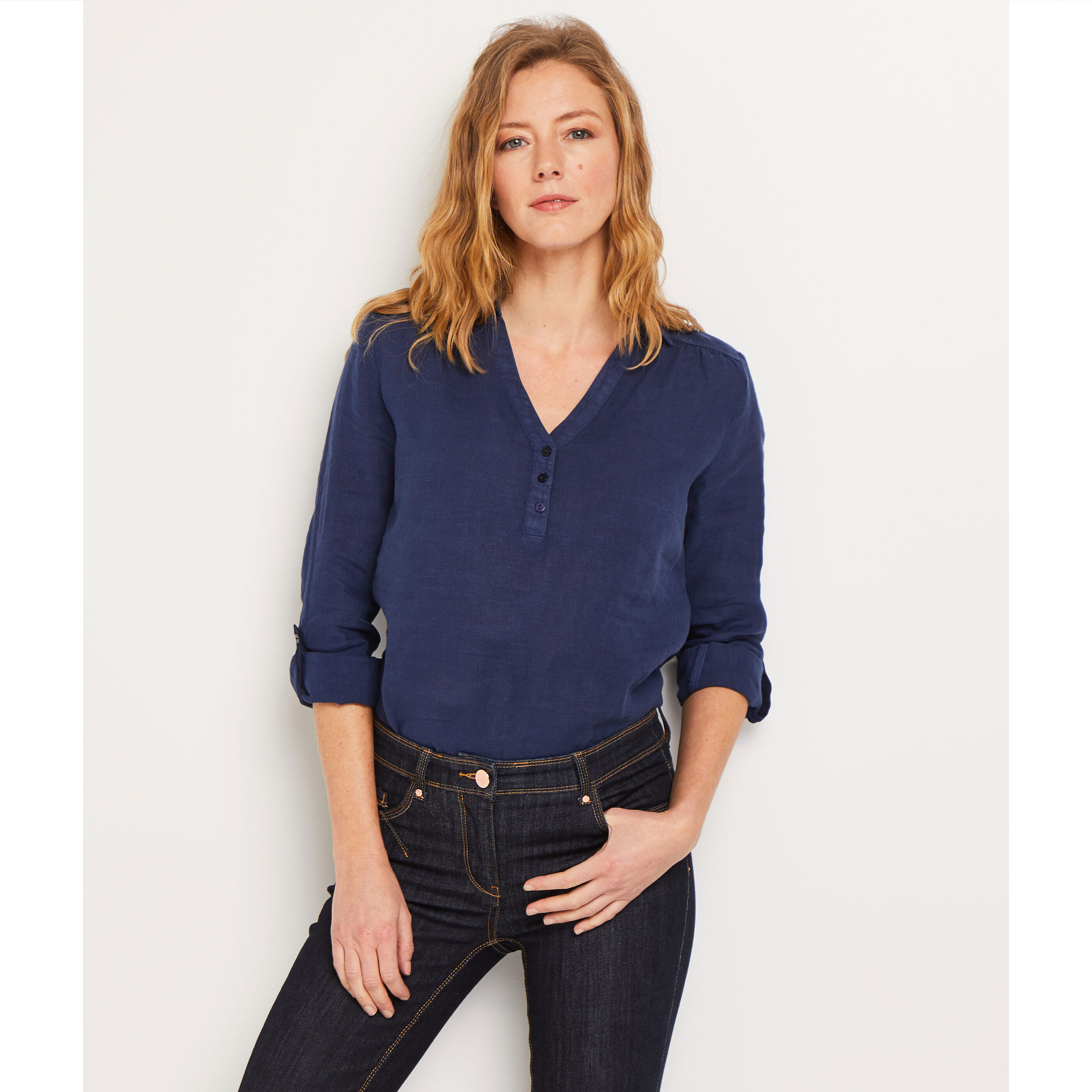 Blouse en lin col chemise femme - MARINE