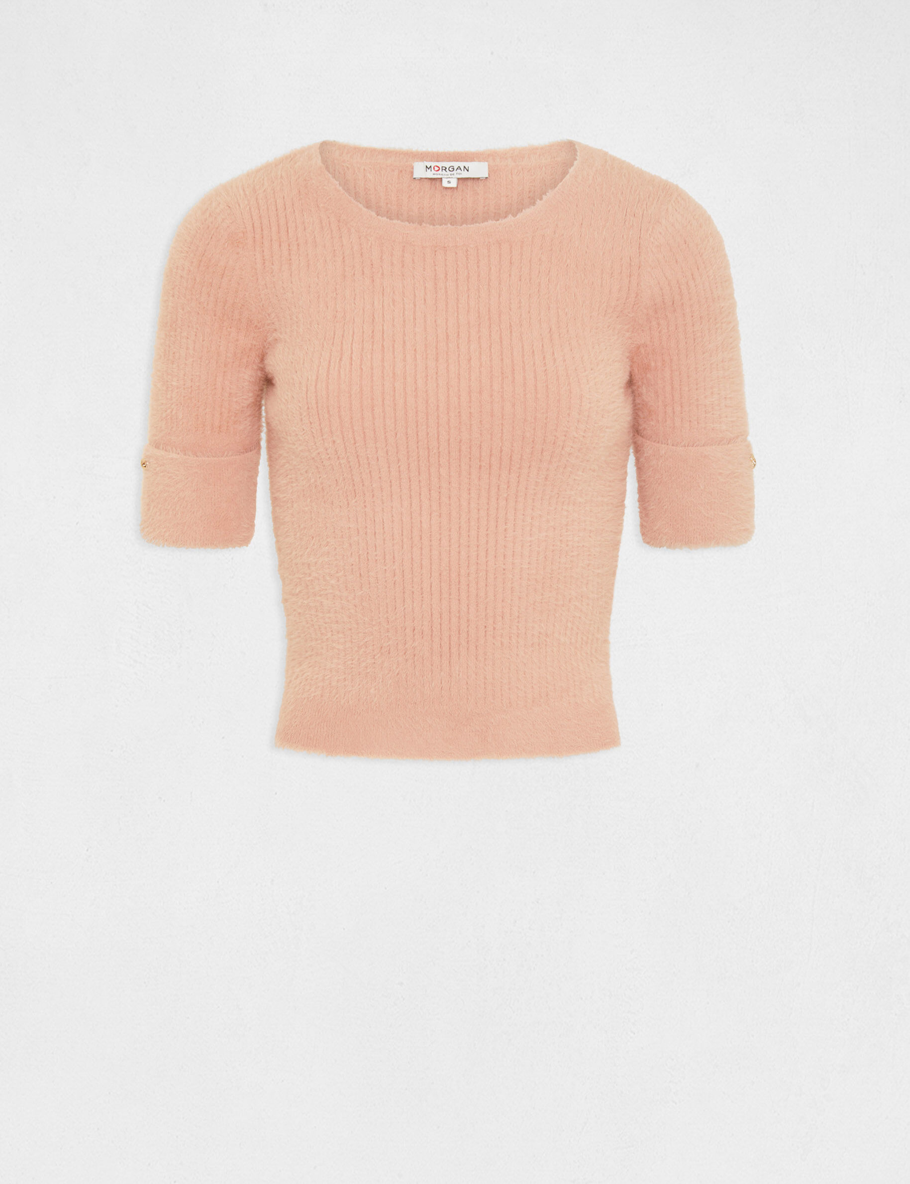 Pull manches courtes côtelé vieux rose femme - vieux_rose