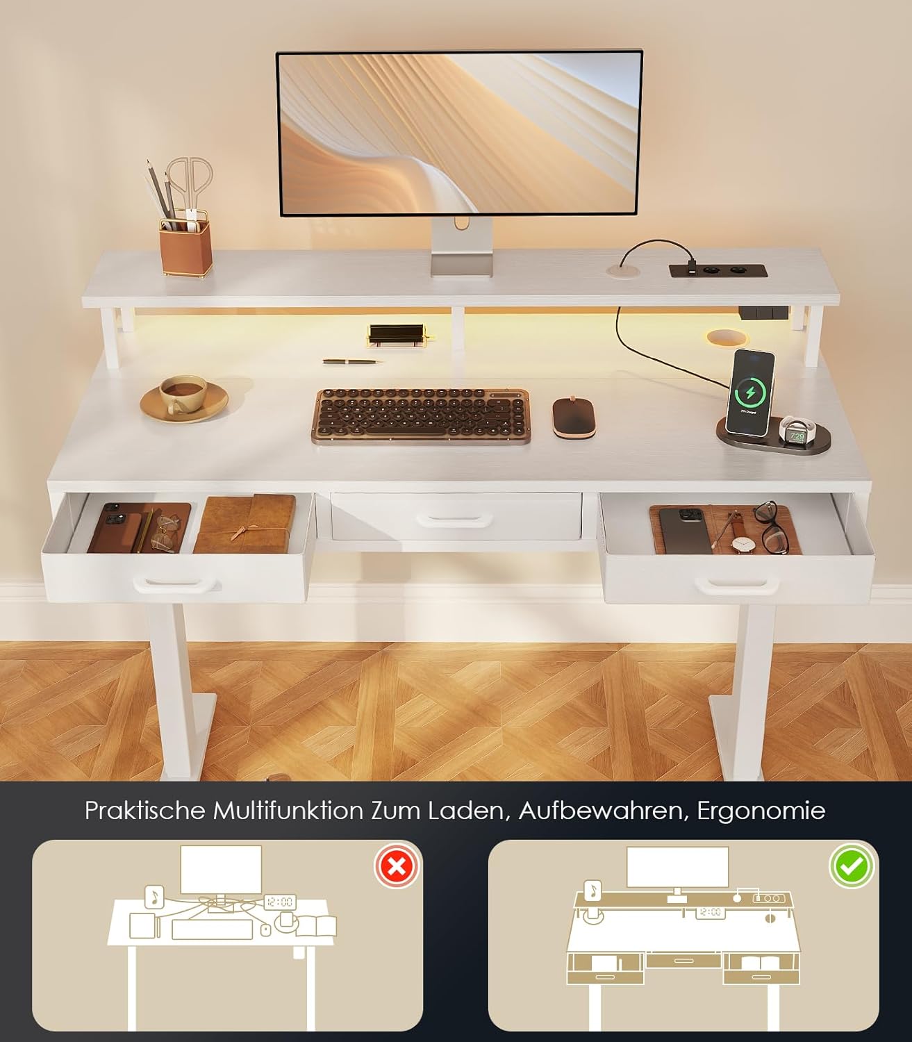 OffiGo Elektrischer Schreibtisch mit Schubladen, 120cm Höhenverstellbarer Schreibtisch mit Monitorständer, Standing Desk mit Steckdosen und Lichtleiste, Tisch Höhenverstellbar Bürotisch, Weiß