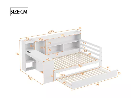 Lit gigogne 90x200 avec bureau étagères compartiments de rangement et étagères avec prises de courant lit simple en bois Blanc