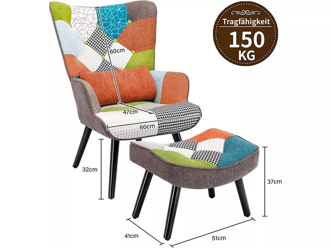 Fauteuil Salon Patchwork avec Repose Pieds en Tissu Lin Multicouleur, Fauteuil Scandinave en Bois Massif avec Support Lombaire, Lin