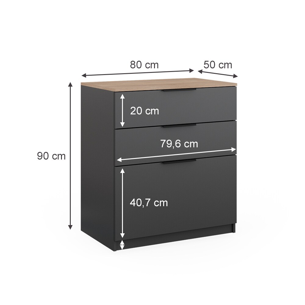 Vicco Kommode Betti 80 x 90 cm in Anthrazit Sonoma, 3 Schubfächer, Schlafzimmer
