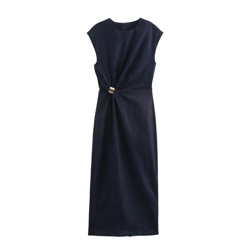 Omelia - Mouwloze ronde hals gerimpelde denim midi-jurk