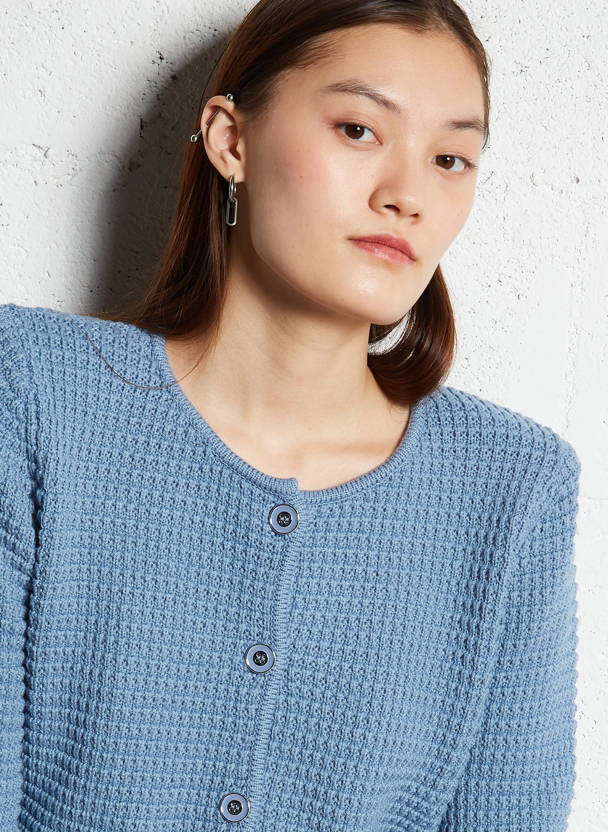Gilet col rond en coton mélangé | Bleu