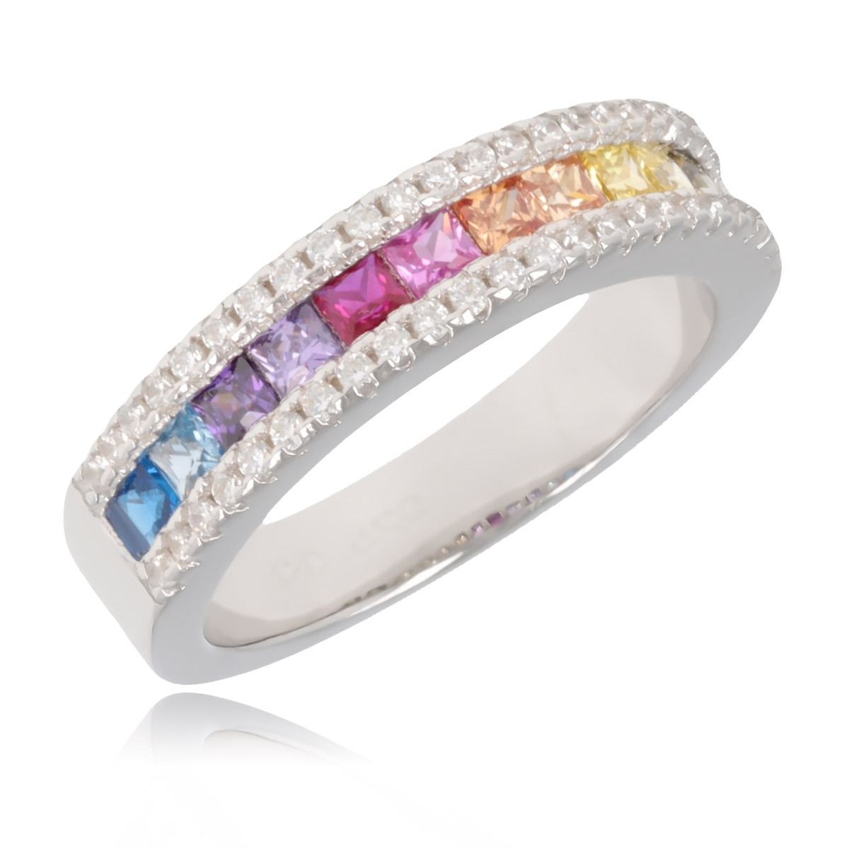 Bague argent rhodié pierres préciseuses d'imitation sur double rang de cubic zirconium