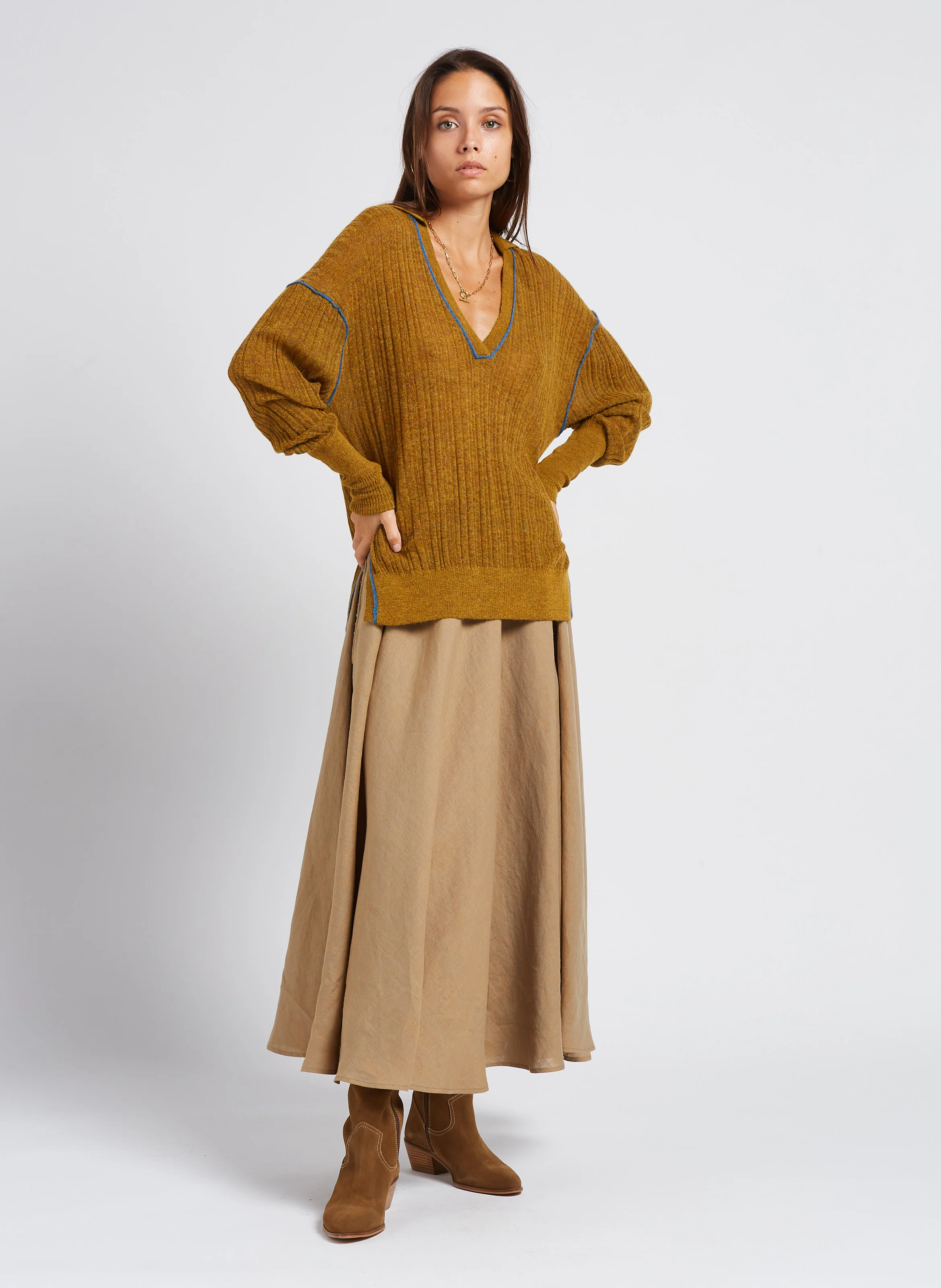 TAXAS - Jupe longue évasée en chanvre | Beige