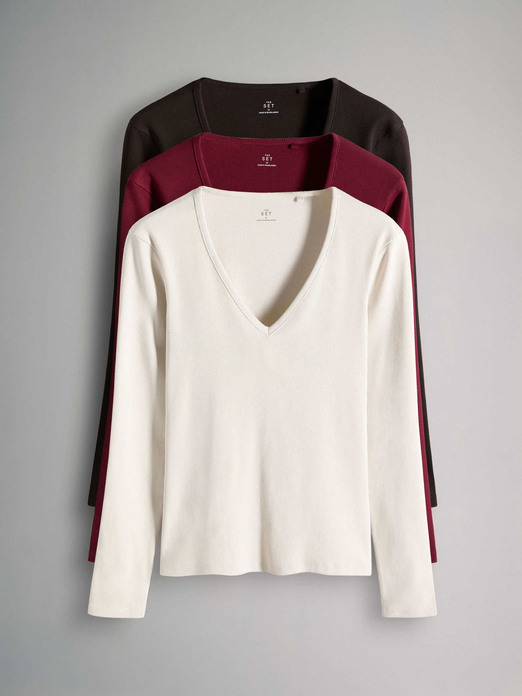 The Set 3 -pack geribde V-hals T-shirts met lange mouwen