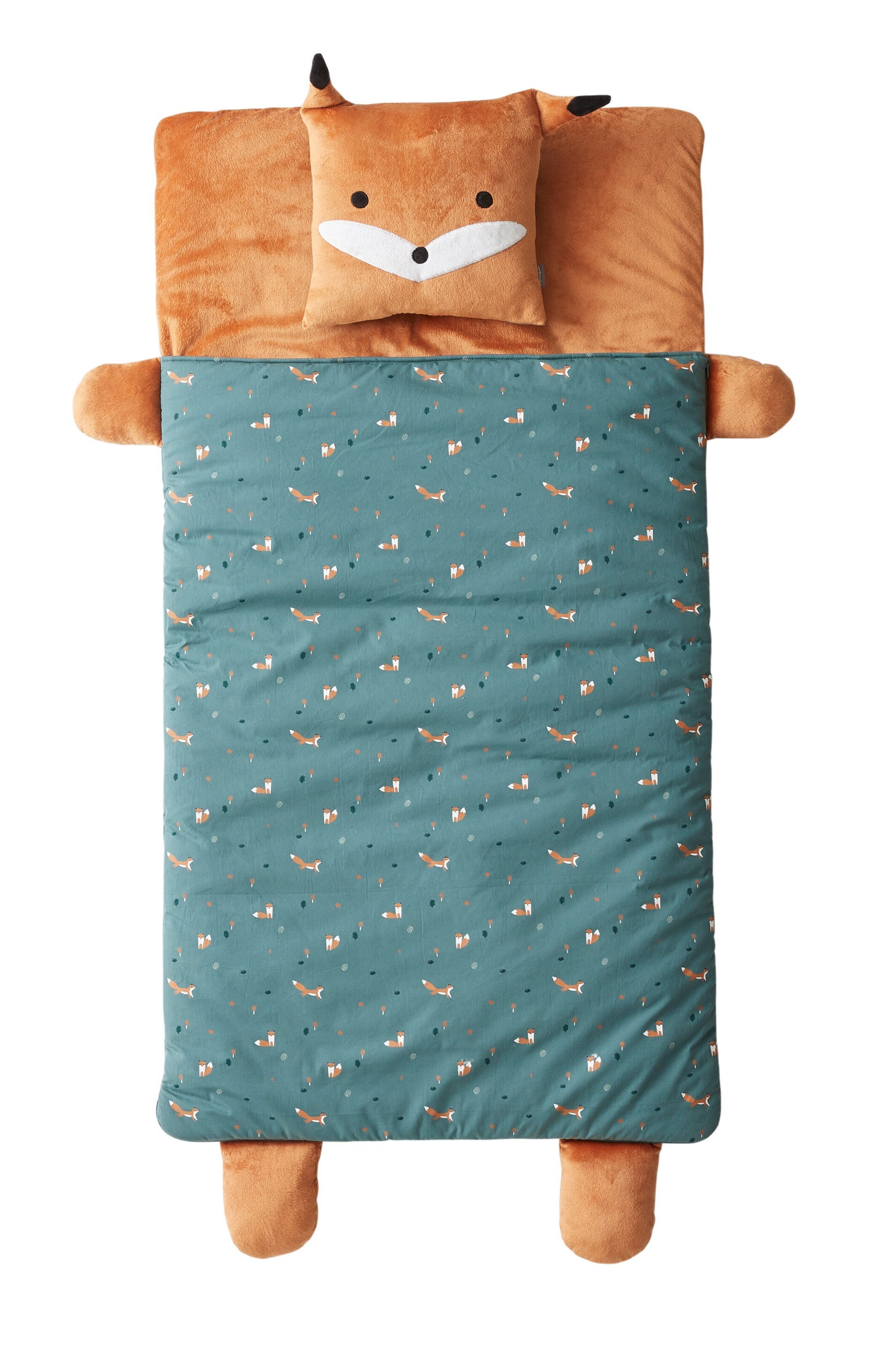 Vertbaudet Kinder Schlafsack FUCHS mit Kissen graugrün/braun