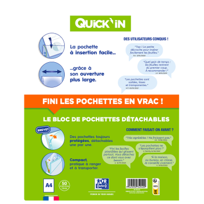 Oxford Quick'In - Bloc de 60 pochettes perforées - A4 - lisse - pour 25 feuilles