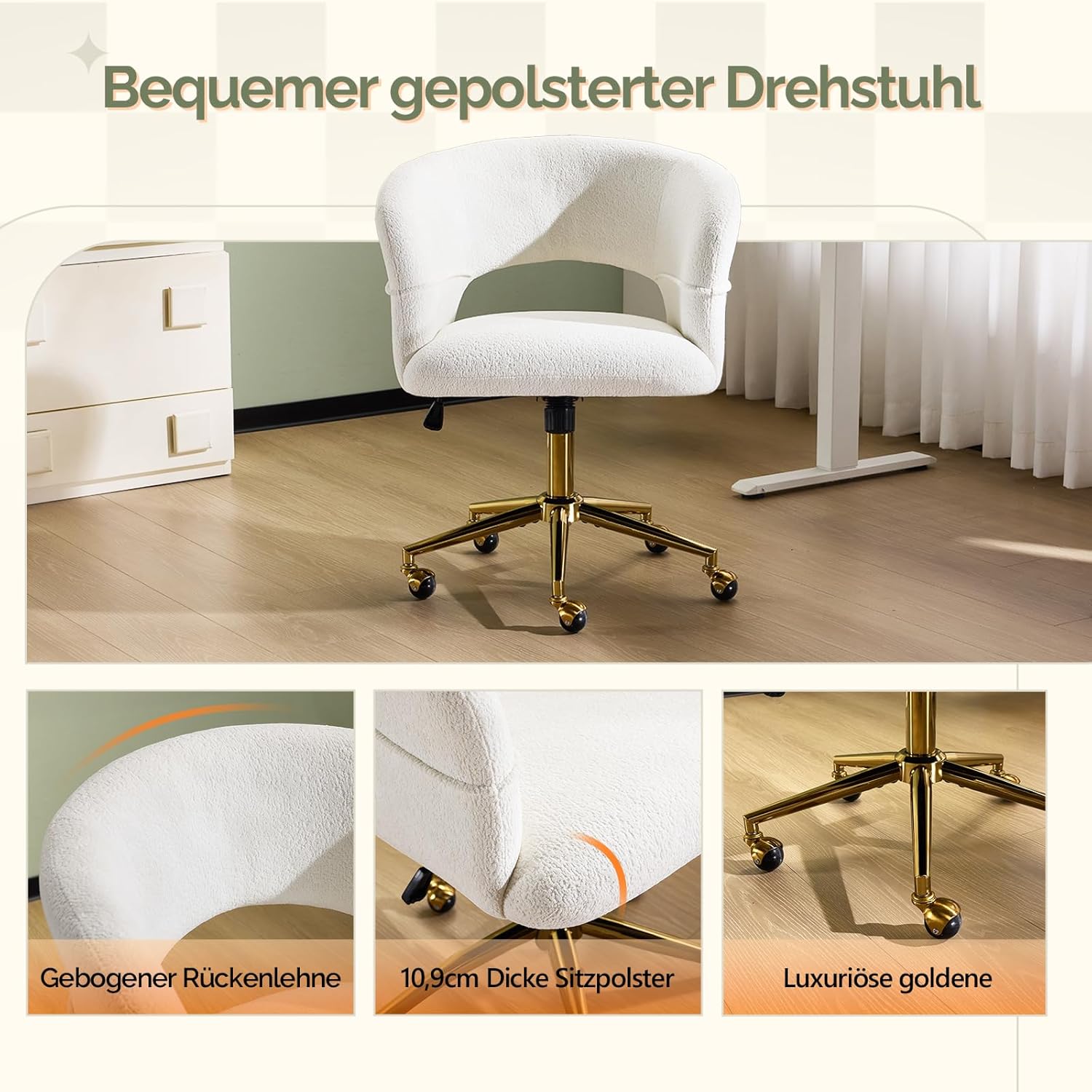 Bonnlo Bürostuhl mit Rollen, Drehstuhl mit goldenen Nieten, Schminktisch Stuhl bis 150KG, Höhenverstellbar Schreibtischstuhl für Arbeitszimmer, Schlafzimmer, Homeoffice, Samt-Chenille-Stoff (Weiß)
