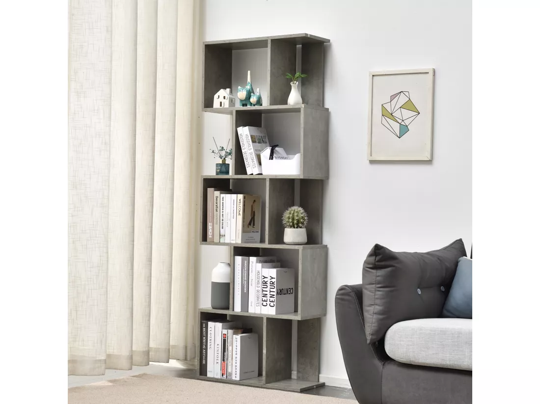 Bibliothèque moderne à 5 étagères en bois gris pour salon et bureau