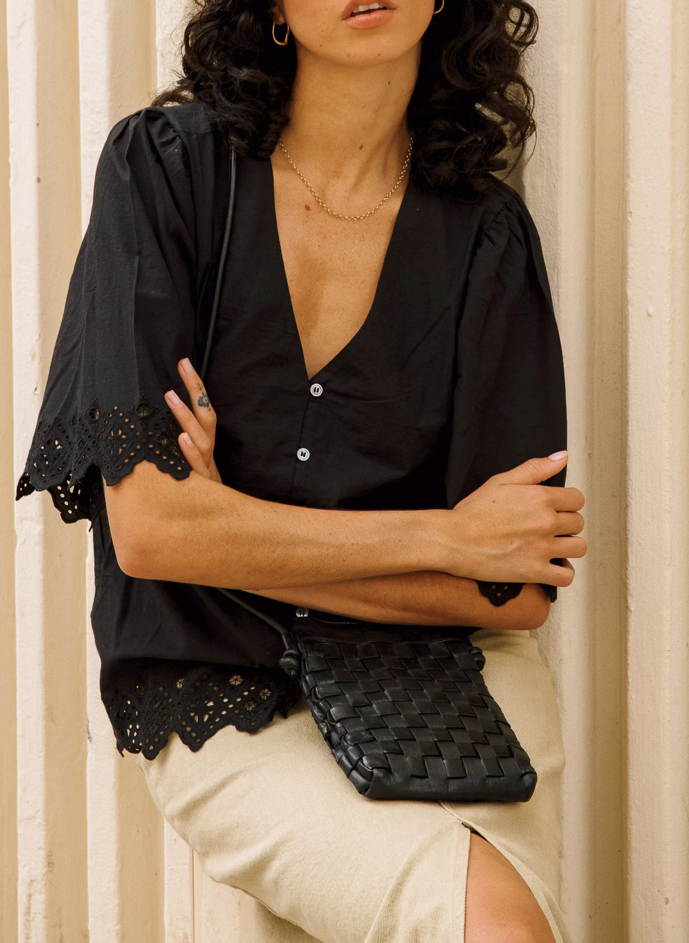 Blouse col V en coton | Noir